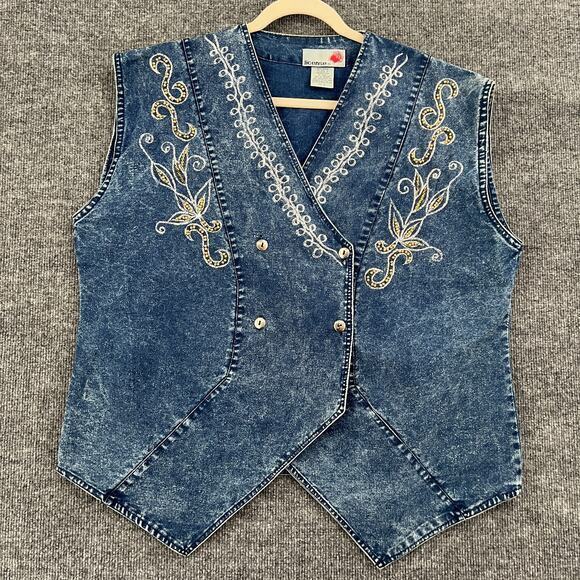 License Jackets & Blazers - Vintage License Womens Denim Vest Size L Embellished Acid Wash Double Breasted